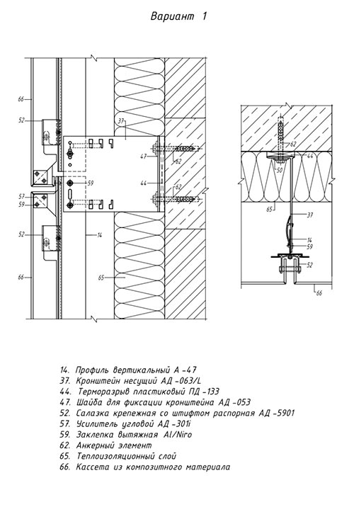 Вертикальный и горизонтальный разрезы по крепежному кронштейну АД-033/L